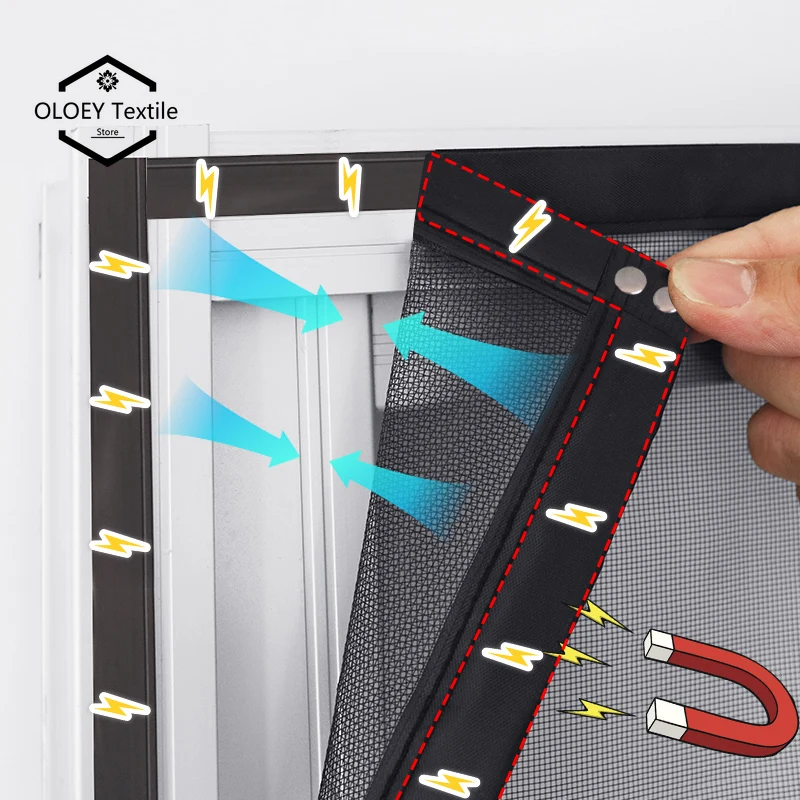 

OLOEY Black Magnetic Window Mosquito Net Screen Customized Size Glass Fiber Invisible Mesh Insect Curtains Removable Washable