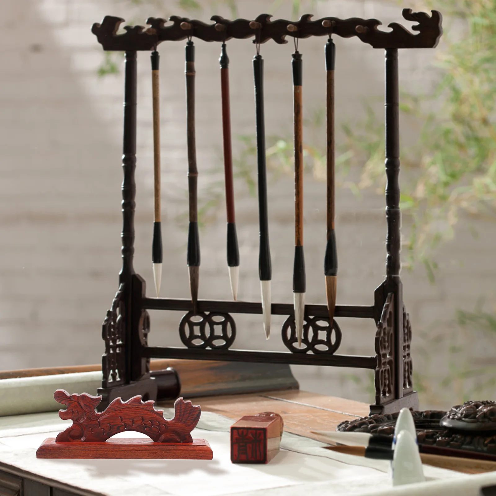 

Dragon-shaped Red Sandalwood Pen Brush Rest Calligraphy Painting Rack Chinese Writing