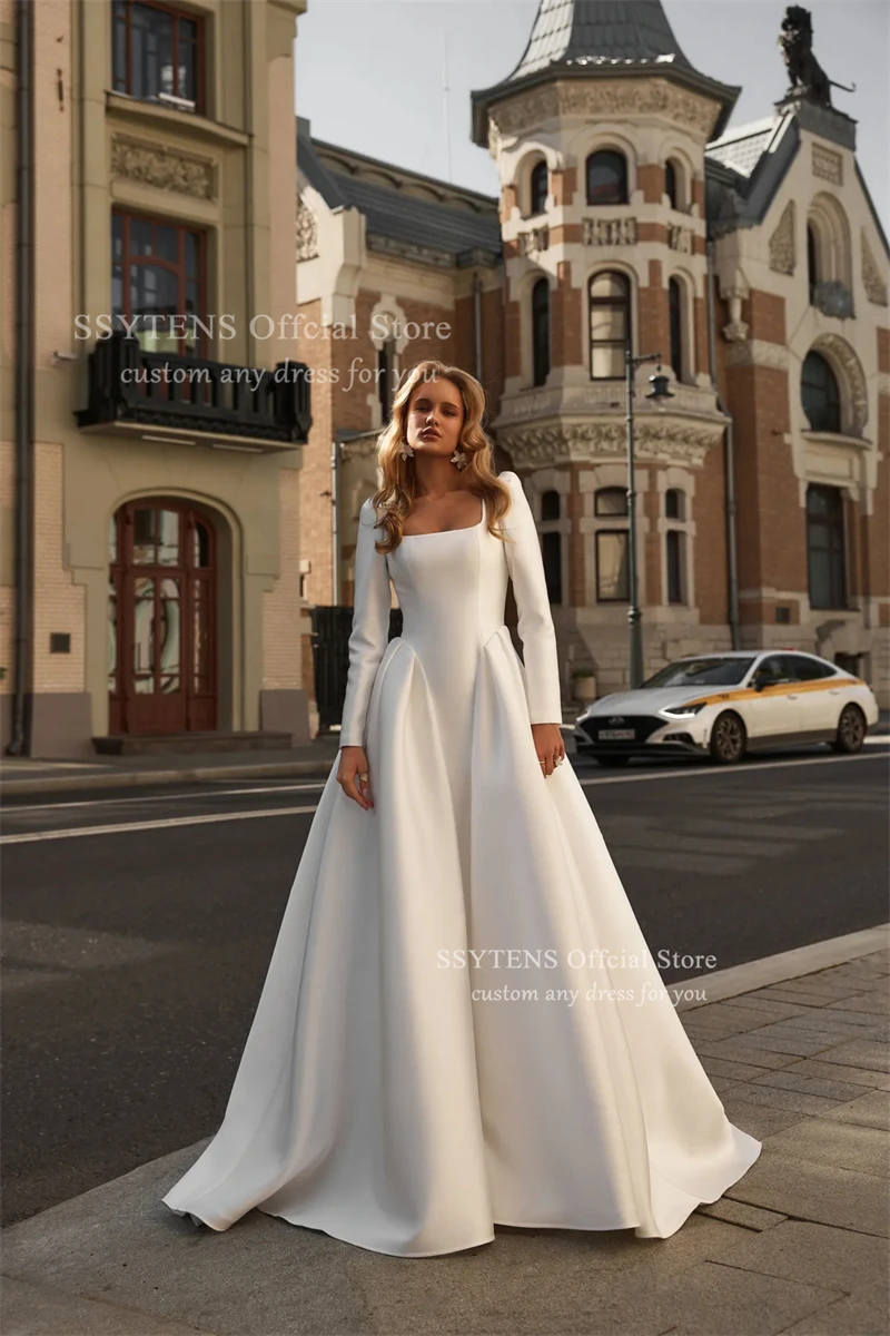 SSYTENS Abiti da sposa a-line da donna Lussuoso abito da sposa in raso a maniche lunghe Principessa Abiti da ballo di nozze 2026 Personalizzato