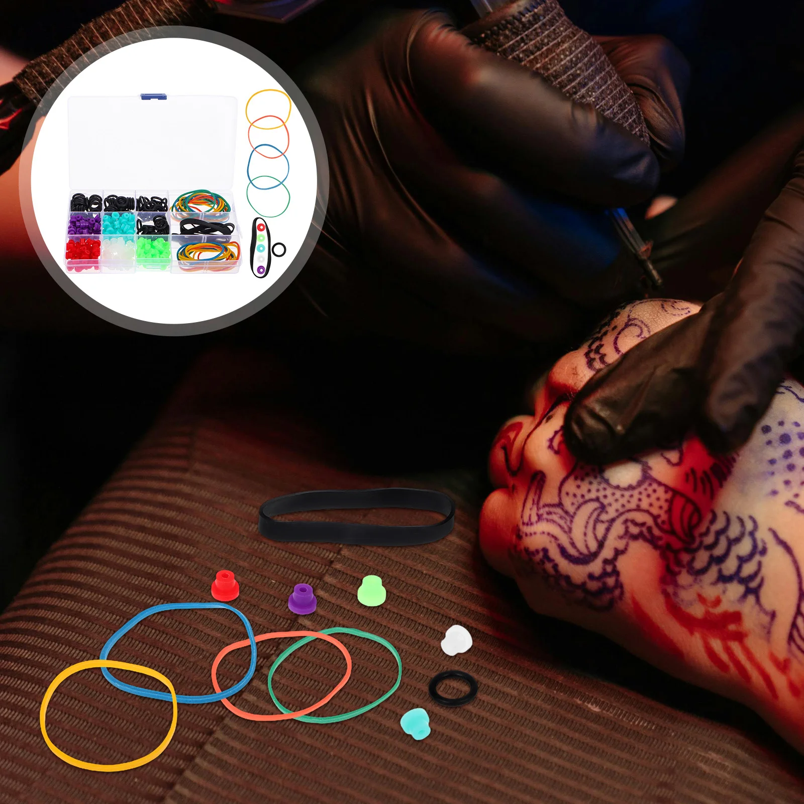 

Tattoo Equipment and Rubber Rings Kit with Pin Cushions Shock Absorbing Pads Storage Box for Reliable Safe Tattooing Experience