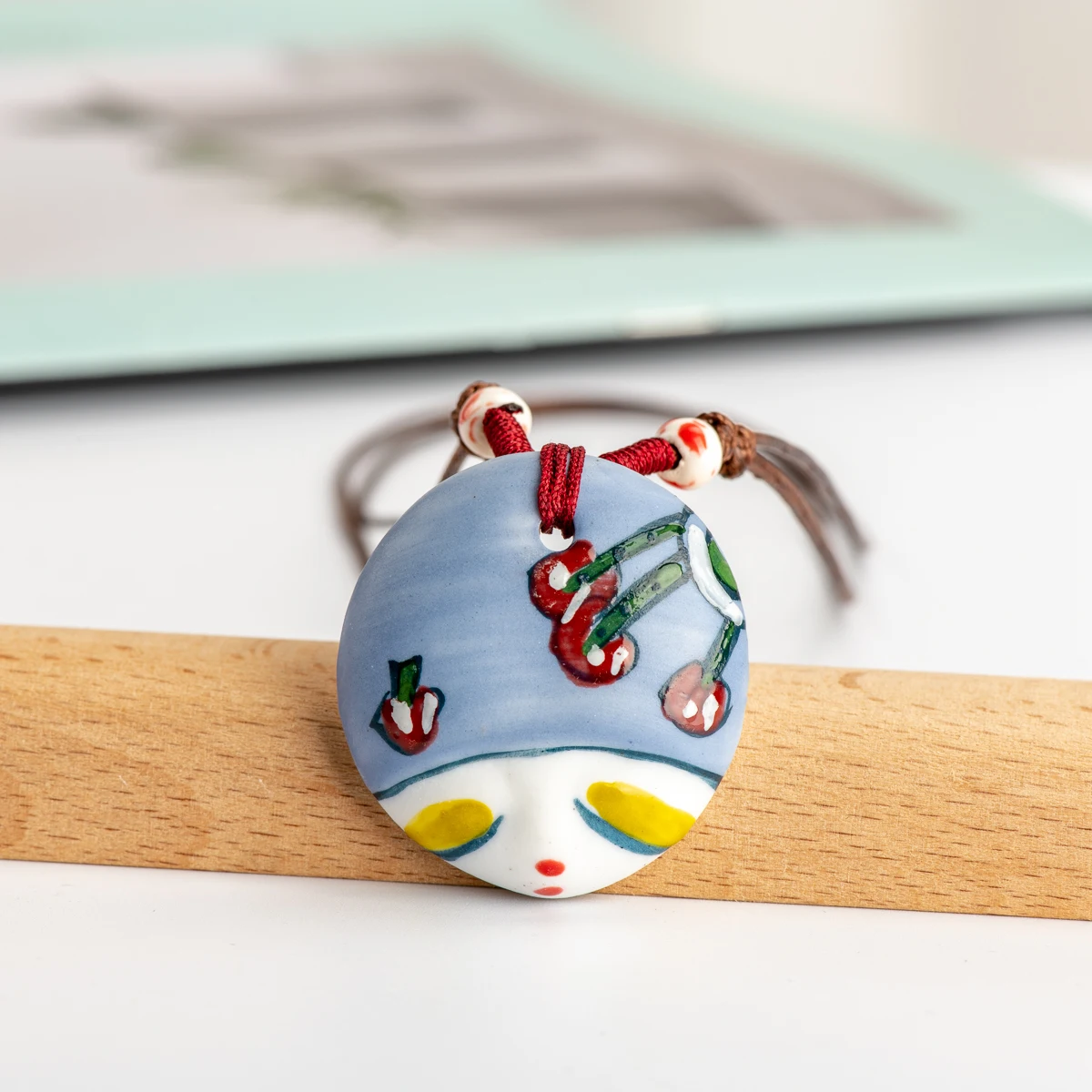 L China Ceramic Girl Face Pendant Bar necklace retro Chinese style Necklaces & Pendants #IY462