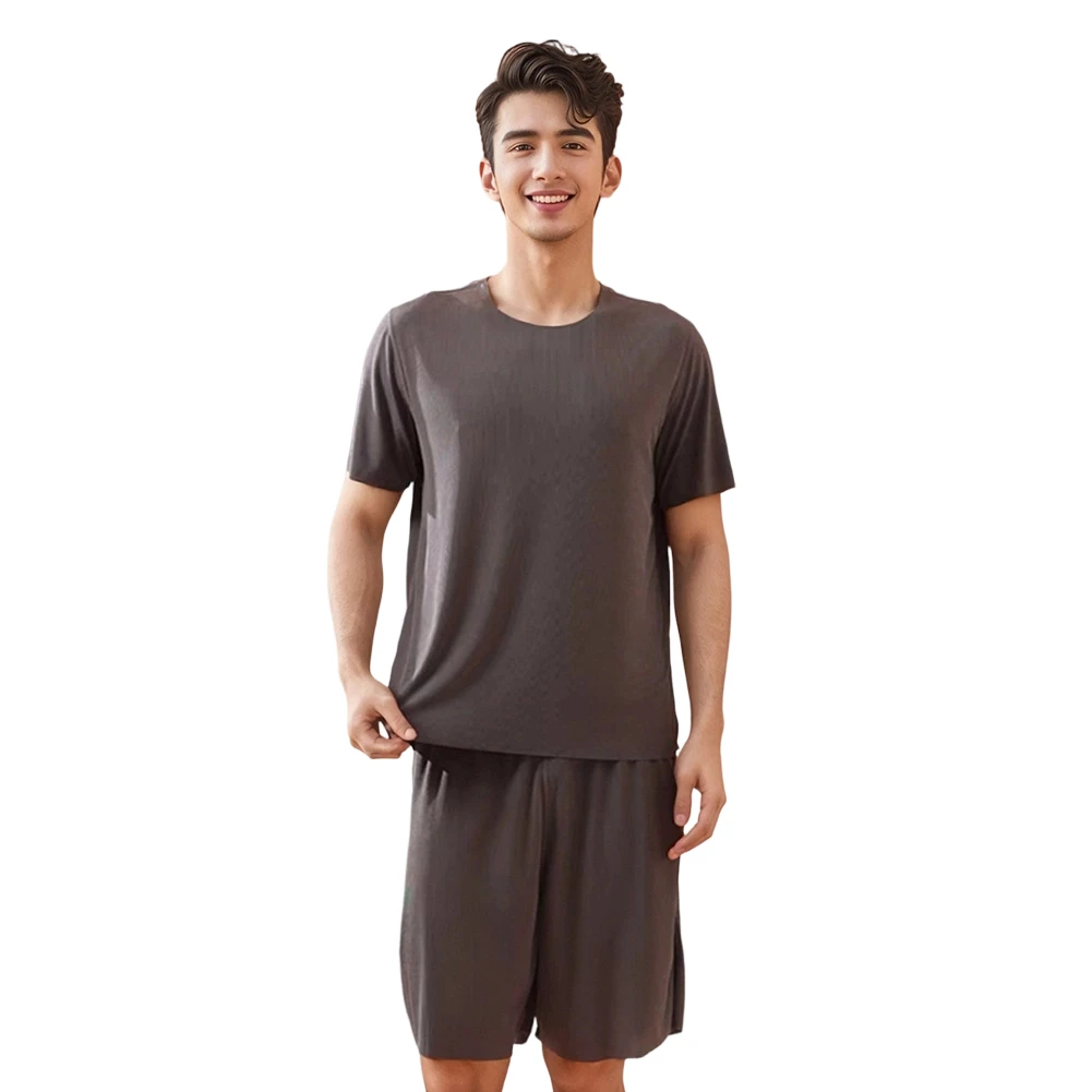 

1set Men Ice Silk Screw Thread Thin Short Sleeve Couples Sleepwear Homewear Top Short Set Crew Neck Solid Color Summer Sleepwear