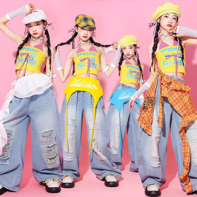 Girls Hip Hop Clothing Crop Tank Tops Jeans Kids K-pop Cargo Joggers Pants Street Dance Clothes Children Girl Group Costumes
