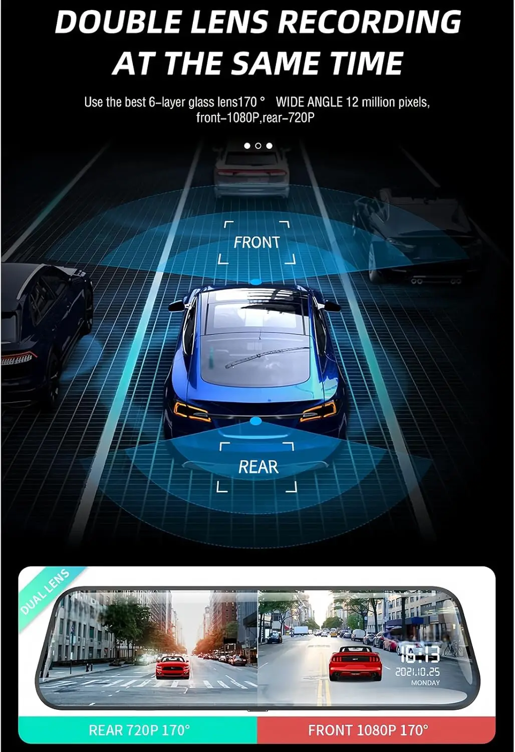 DashCam con Espejo Pantalla Táctil 10 " Vidrio 2.5D para Auto، Dash Camara para Coche Delantera y Trasera، Retrovisor con Camara
