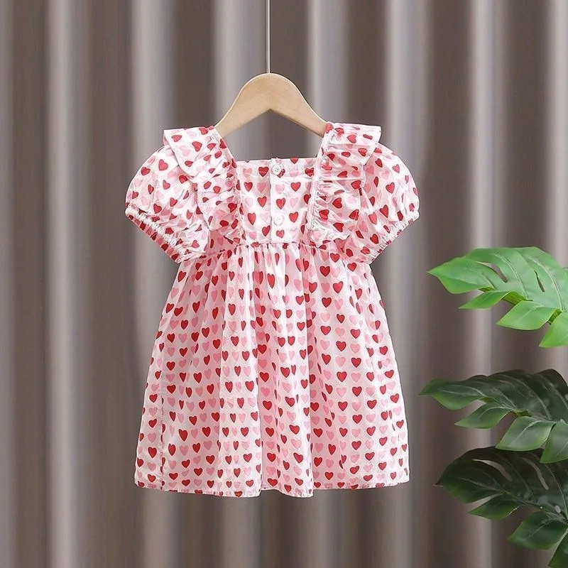 

Children's Clothing Girls' Summer Short Sleeve Dress22New Flounced Sleeve Princess Dress Children's Love Floral Cotton Cloth