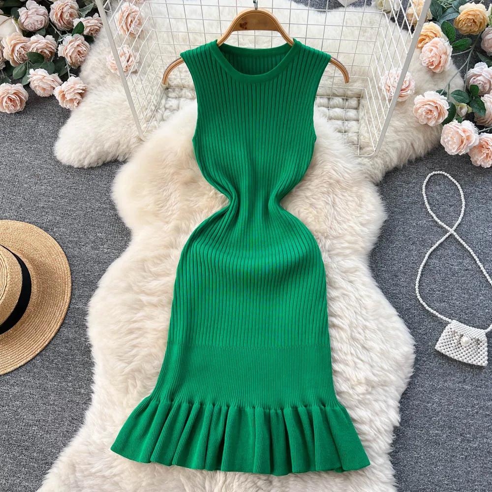 

Chic Sexy Sleeveless Bodycone Mermaid Dress Elastic Knit Elegant Vestidos Vintage Summer Women Beach Vacation Fishtail Dresses