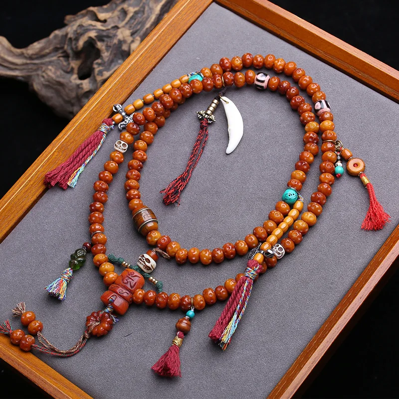 , , Necklace, Bracelet, Tibetan Yak Bone Carving, Meteorite Crater, 108 Buddhist Prayer Beads, Agate, Dzi Be
