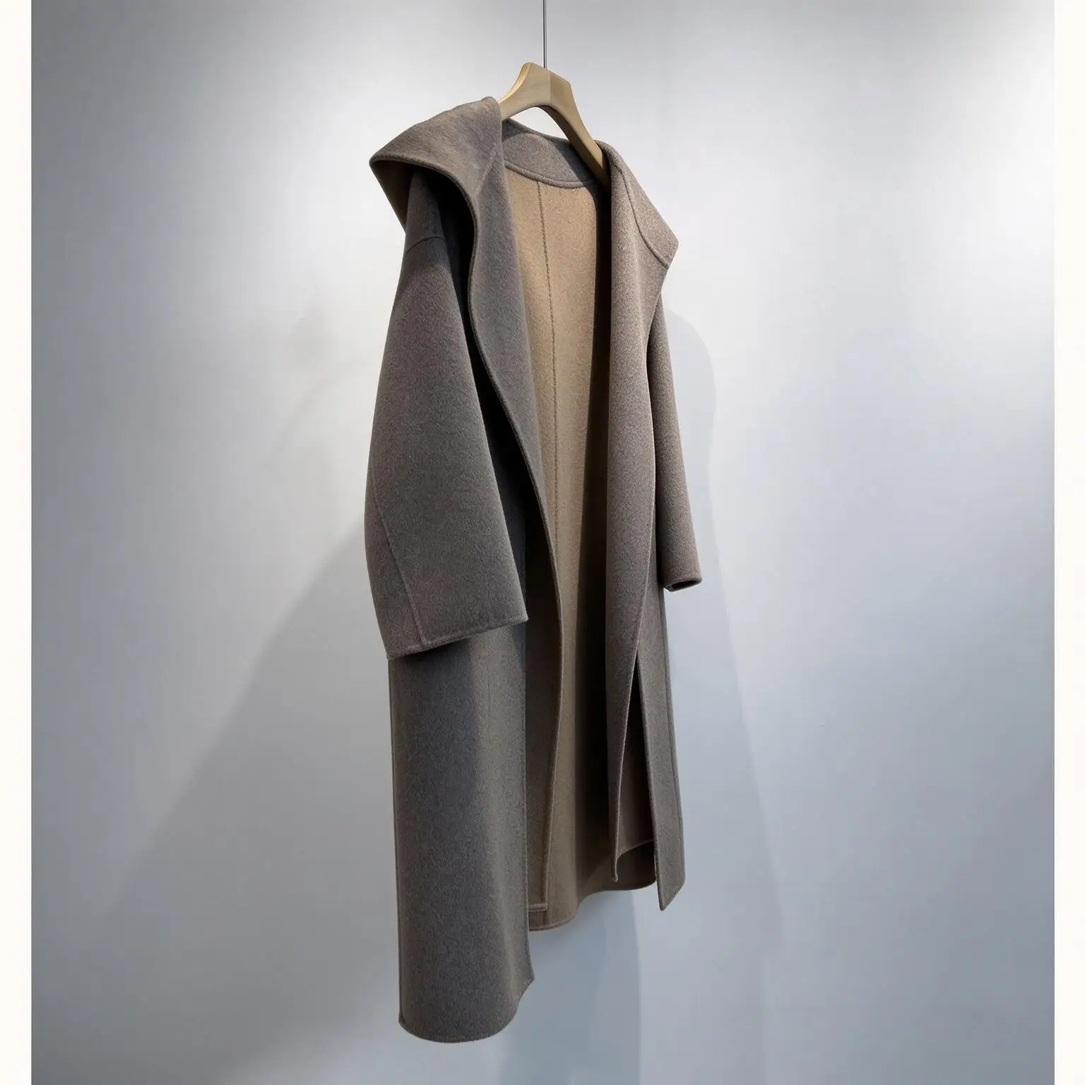 Women Hooded Double Faced Wool Coat Loose Long Oversized Warm Winter Outerwear