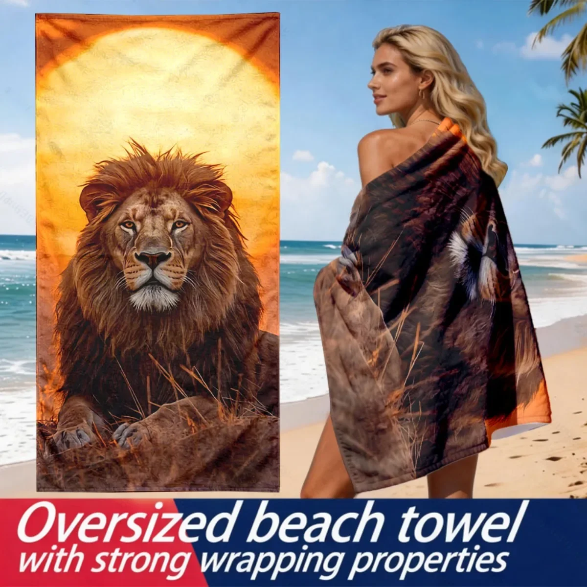 lion pattern under the setting sun polyester microfiber beach towel is highly absorbent, suitable for swimming and beach outings