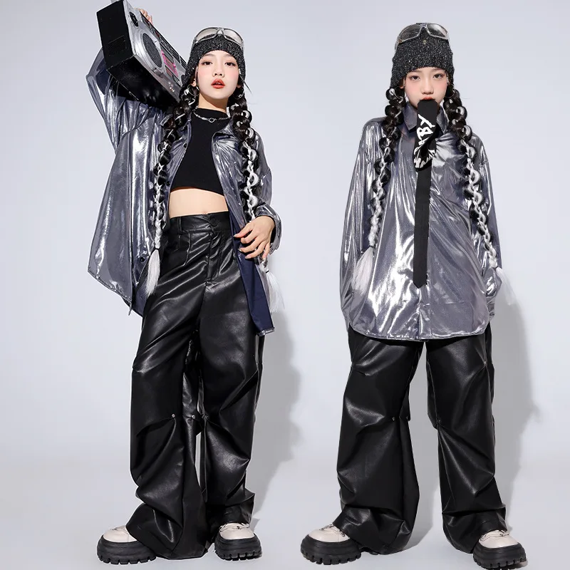 Kid Hip Hop Clothing Silver Wide Shirt Black Rivet Faux Leather Casual Ruched Pants for Girl Boy Jazz Dance Wear Costume Clothes