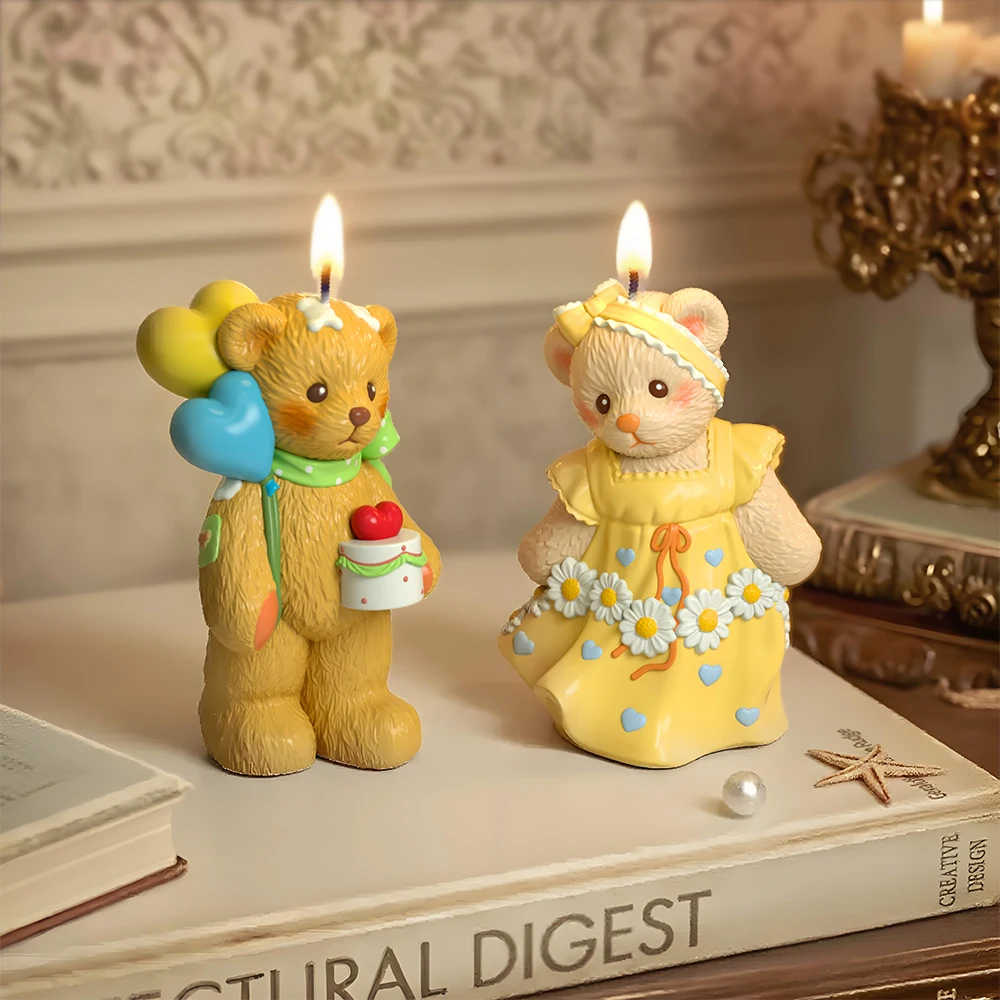 LZ117 DIY Teddy Bear Candle SIlicone Mold 3D Balloon Reading Little Bear Plaster Ornament Resin Molds for Home Decoration