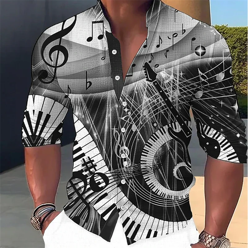 Linen Fashion Stand Collar Men Shirts Cool Music Festival Notes Piano Keys HD Printing Long Sleeves Party Fashion 2023 Plus Size