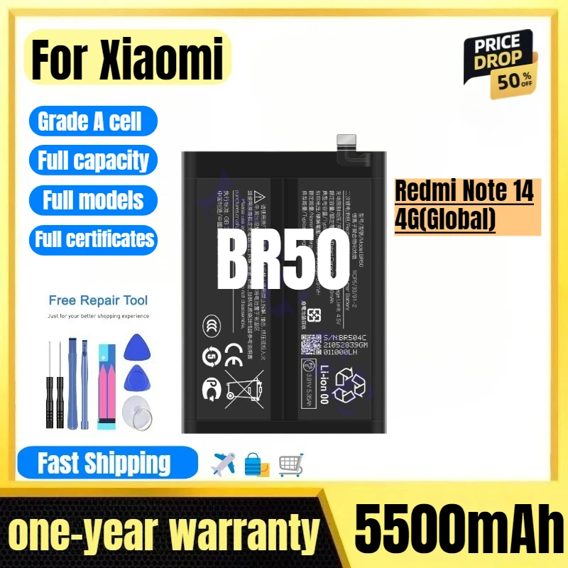 

BR50 for Xiaomi Redmi Note 14 4G(Global) Phone Battery High Quality High Capacity Replacement Bateria Grade A Cell with Tools