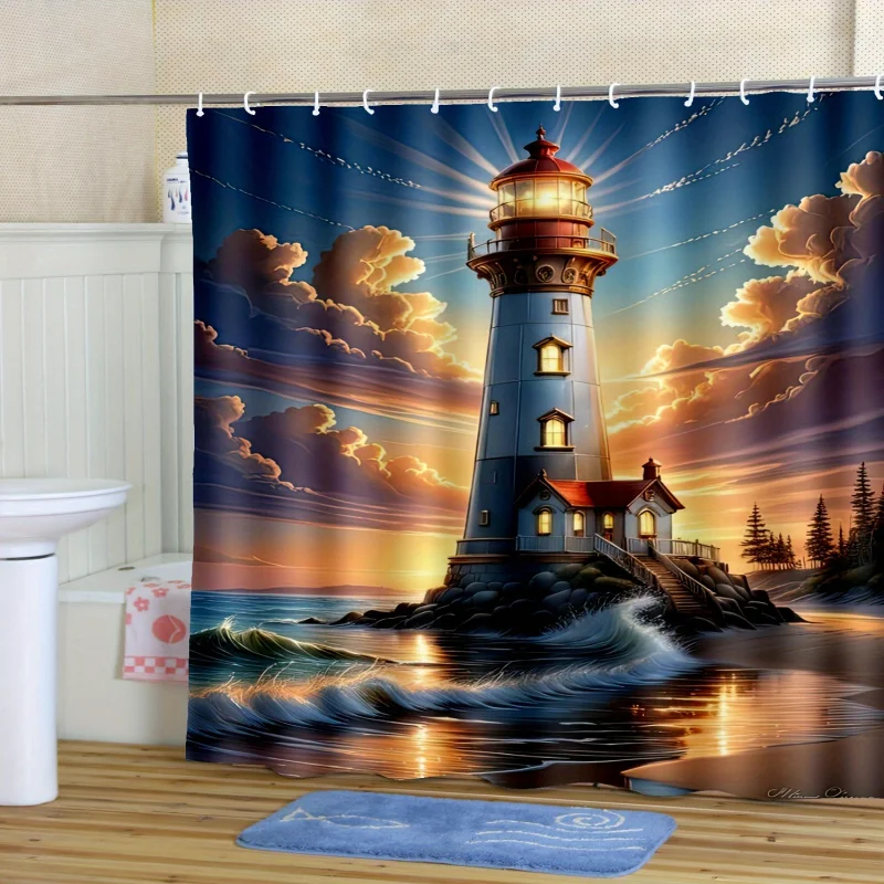 Sunlit Sea Waves & Lighthouse Scenery Shower Curtain - Waterproof Polyester with Hooks, Machine Washable - Perfect for All Seaso