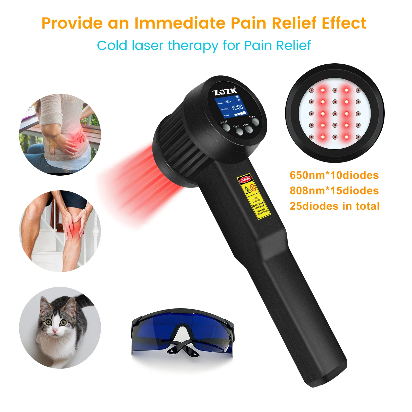 ZJZK Cold Laser Therapy Unit Laser For Pain Relief Light For Medical Use 650nmx10diodes+808nmx15diodes Hip Or Shoulder Bursitis