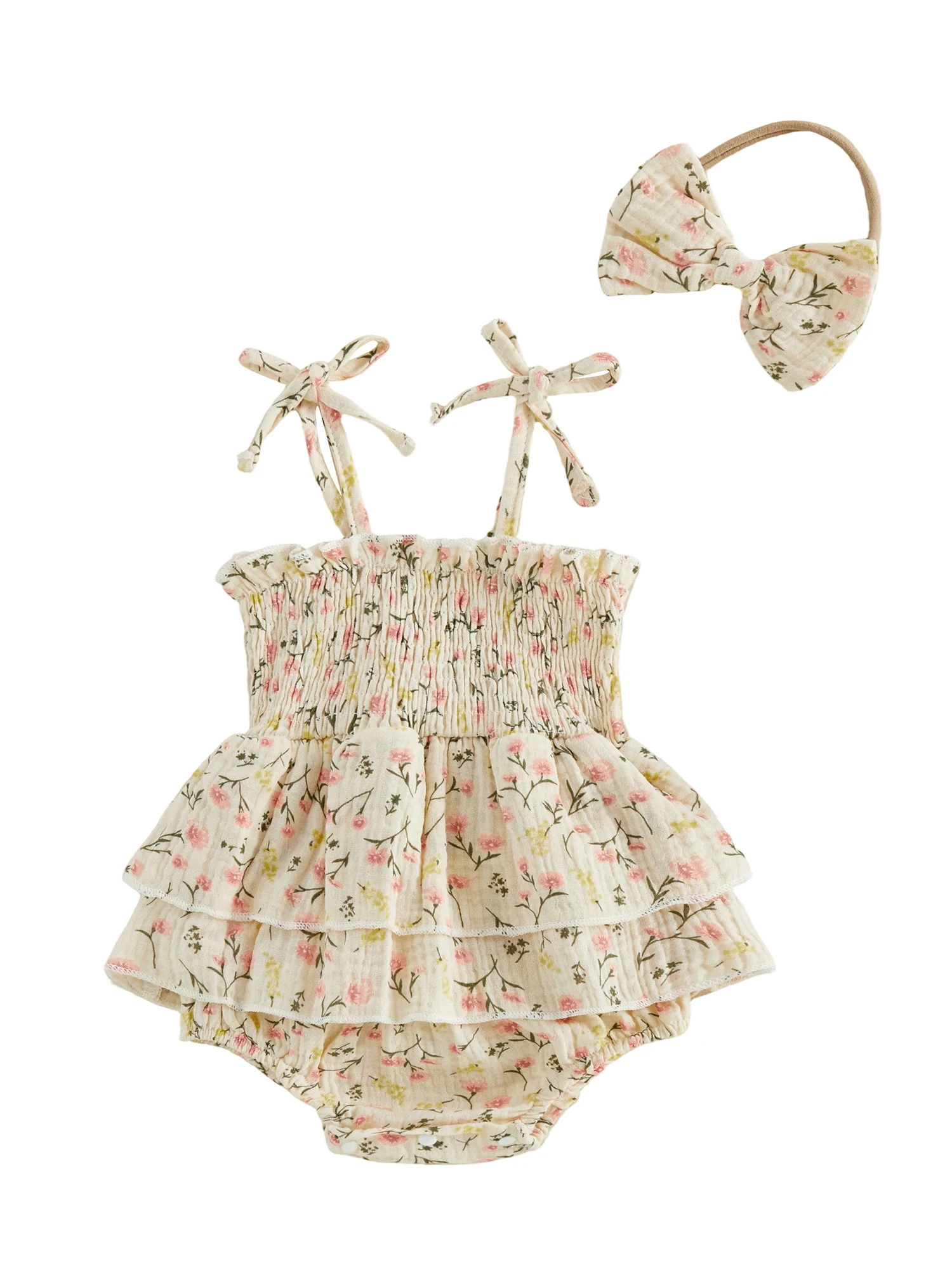 

Toddler Girl Sleeveless Romper Dress with Floral Print Ruffles Skirt Hem and Tie Shoulder Straps Includes Headband - Cute