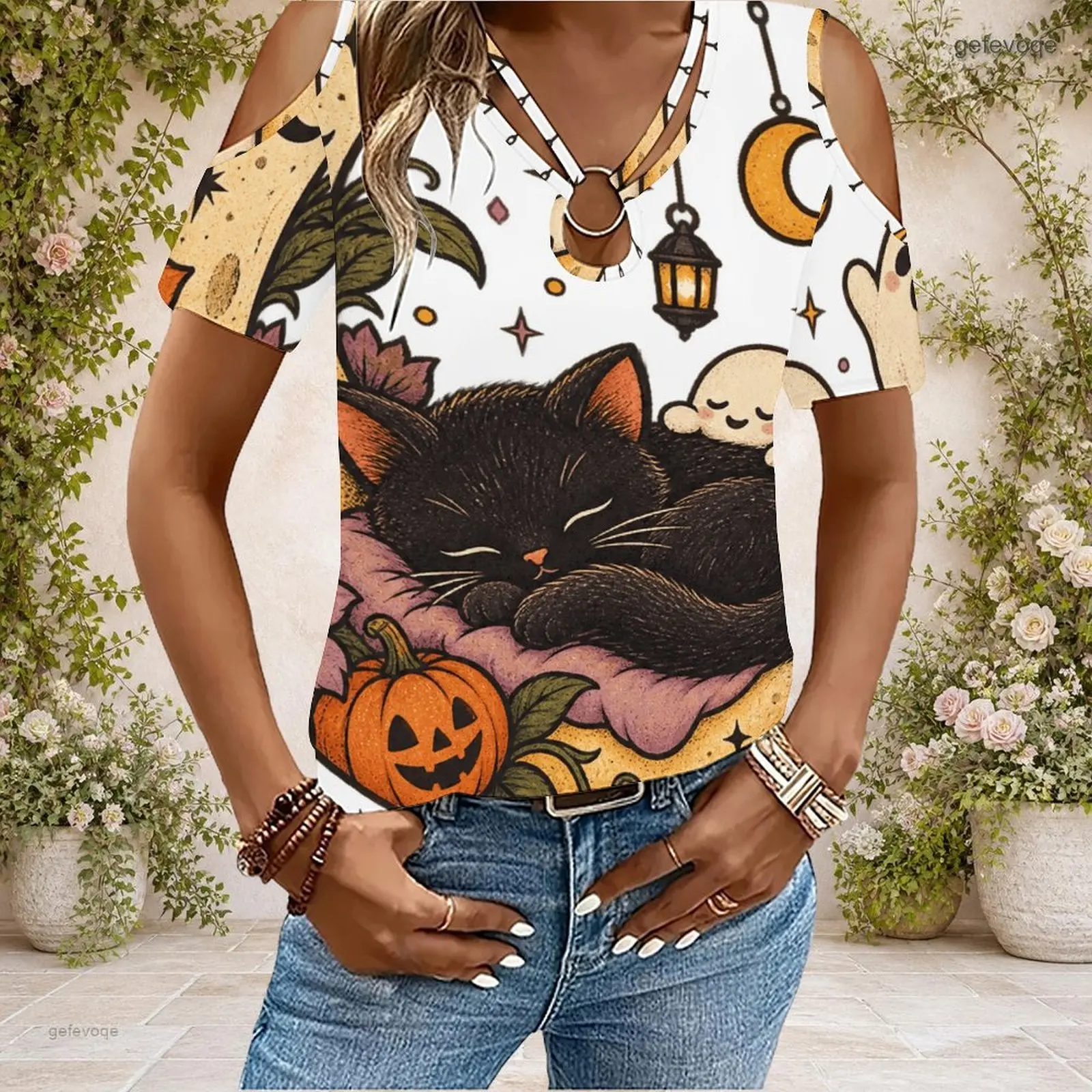 Women Cold Shoulder Short Sleeve T Shirt V Neck O Ring Keyhole Cutout Loose Casual Top Custom Print Ladies Daily Blouse