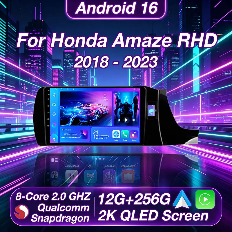 Wireless CarPlay Android Auto For Honda Amaze 2018-2023 BRV 2022-2023 RHD Android 16 Stereo Head Unit Multimedia 2 DIN Autoradio