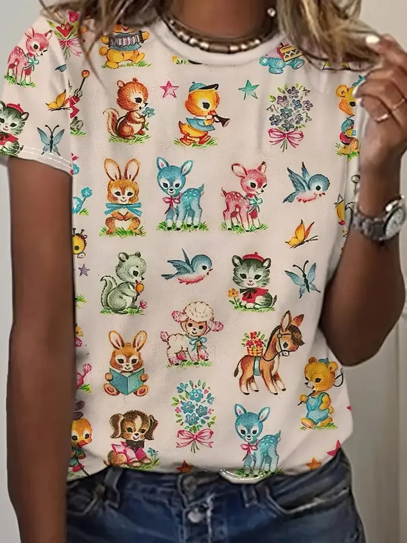 Schafe Hund Katze T-Shirts Tier Muster 3D Druck Frauen Oansatz Kurzen Ärmeln T Shirt Straße Y2k Harajuku Tees Tops Weibliche Kleidung