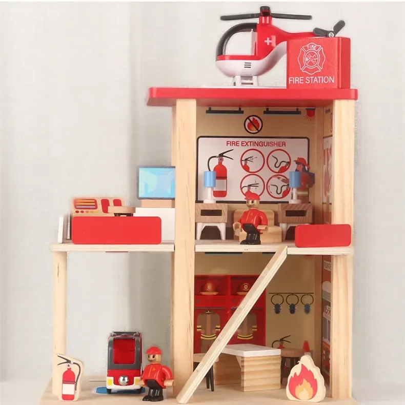 High Quality Wooden Fire station police station doll house Helicopter Play house Puzzle Interactive Toys baby birthday gift