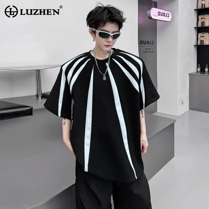 

LUZHEN Short Sleeved T Shirts Stripe Color Contrast Design Stylish Original New Personality Trendy Men Street Loose Tops LZ5080