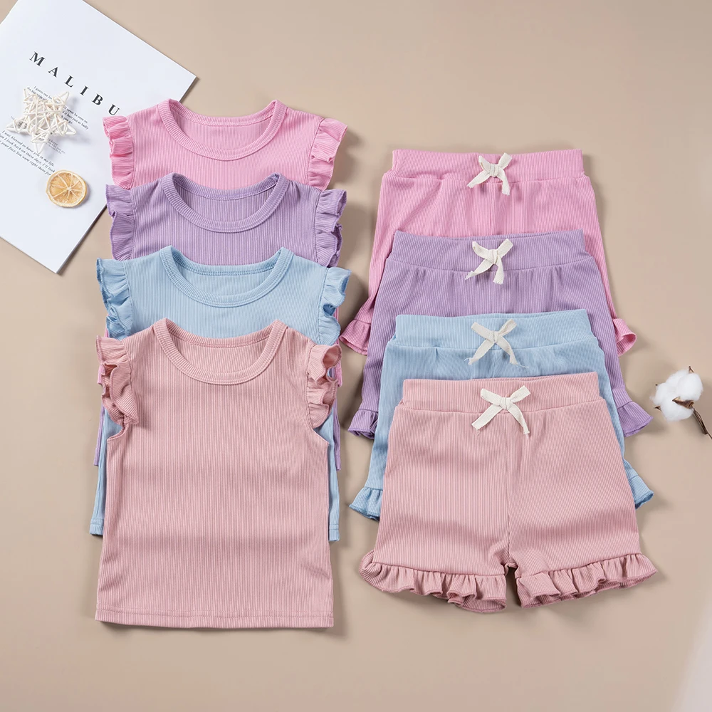 Summer Toddler Girl Ruffle Sleeve 2pcs Set Sleeveless T-shrits Top and Shorts Outfit for Kids Girls Solid Suit Clothing