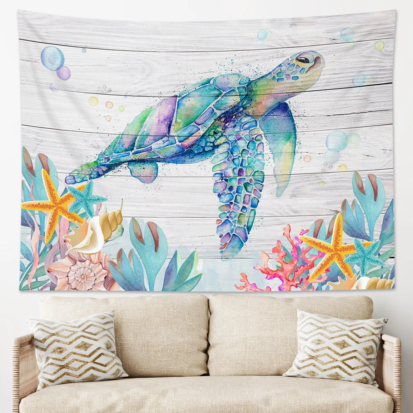 Watercolor Sea Turtle Tapestry Ocean Life Art Wall Hanging Coastal Home Decor non-toxic material Elevate Your Space Quick Setup