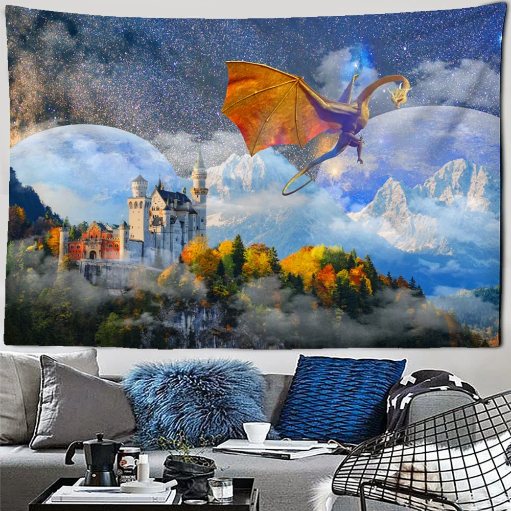 Simsant Psychedelic Castle Tapestry Dragon Cruise Ship Summer Sea Wall Hanging Tapestries for Living Room Beach Towel Blanket