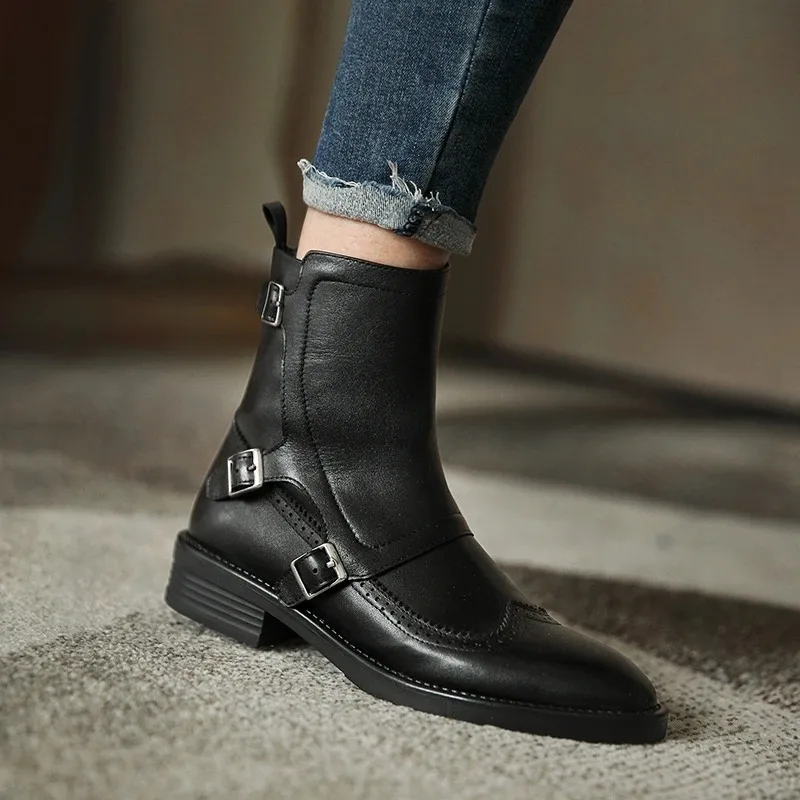 2026 Autumn New Woman Buckle Chelsea Boots Handmade Genuine Leather Round Toe Shoes Quality Buckle Square Low Heel Lady Boots