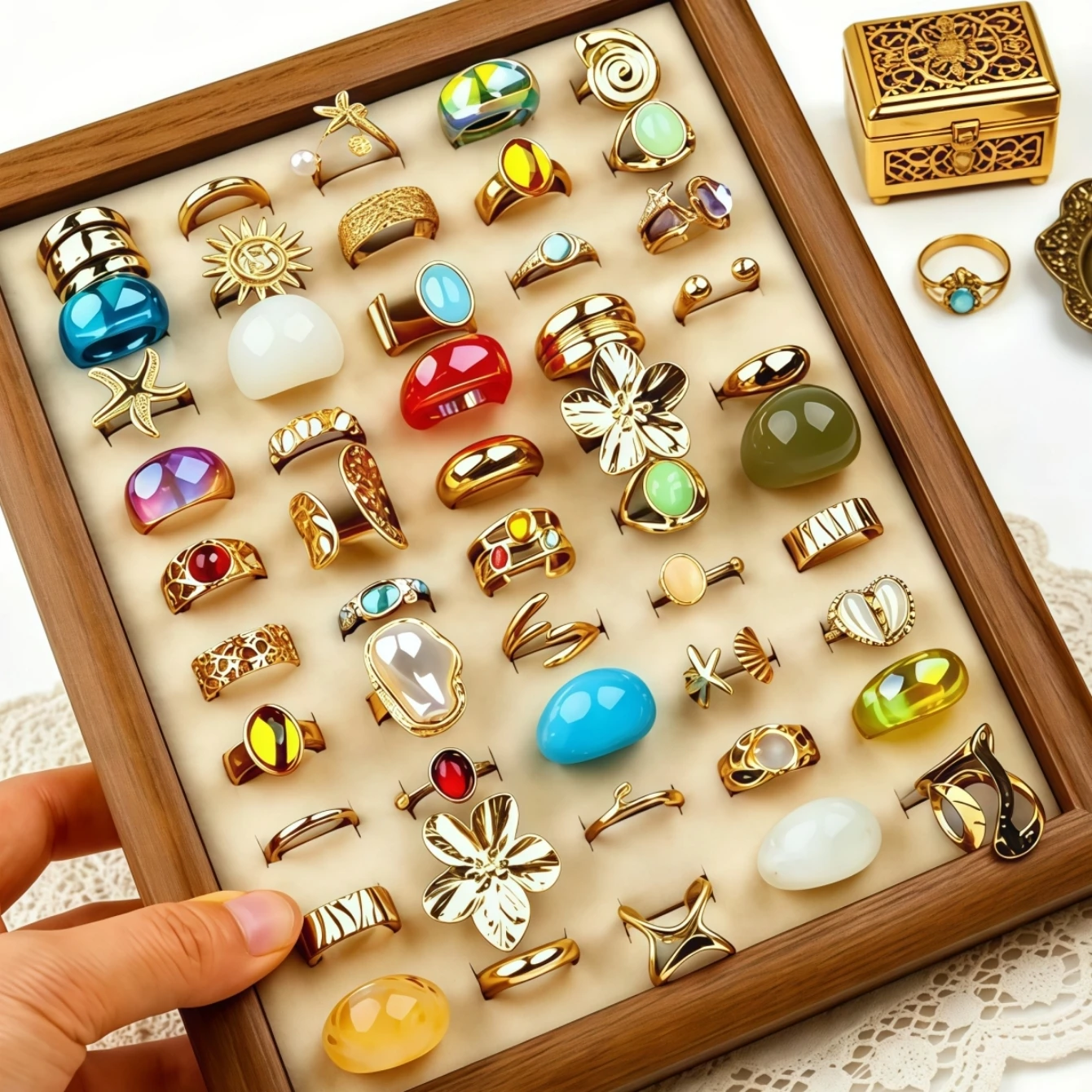 6/12/24/36/48/100Pieces Elegant Fashion Flowers Geometry Sun Rings Set For Women Mix Style Trendy Daily Jewelry Party Gifts