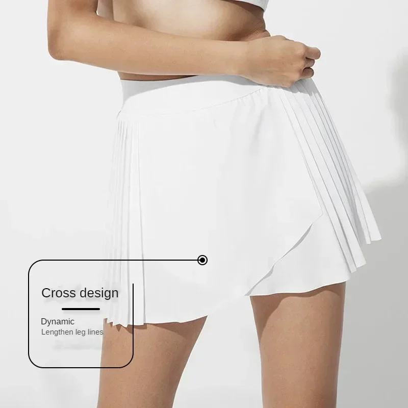 High-waisted Slimming Pleated Aces Tennis Skirt Yoga Running Dance Sports Skirt with Pockets Cross-cut and Prevent Slipping Away