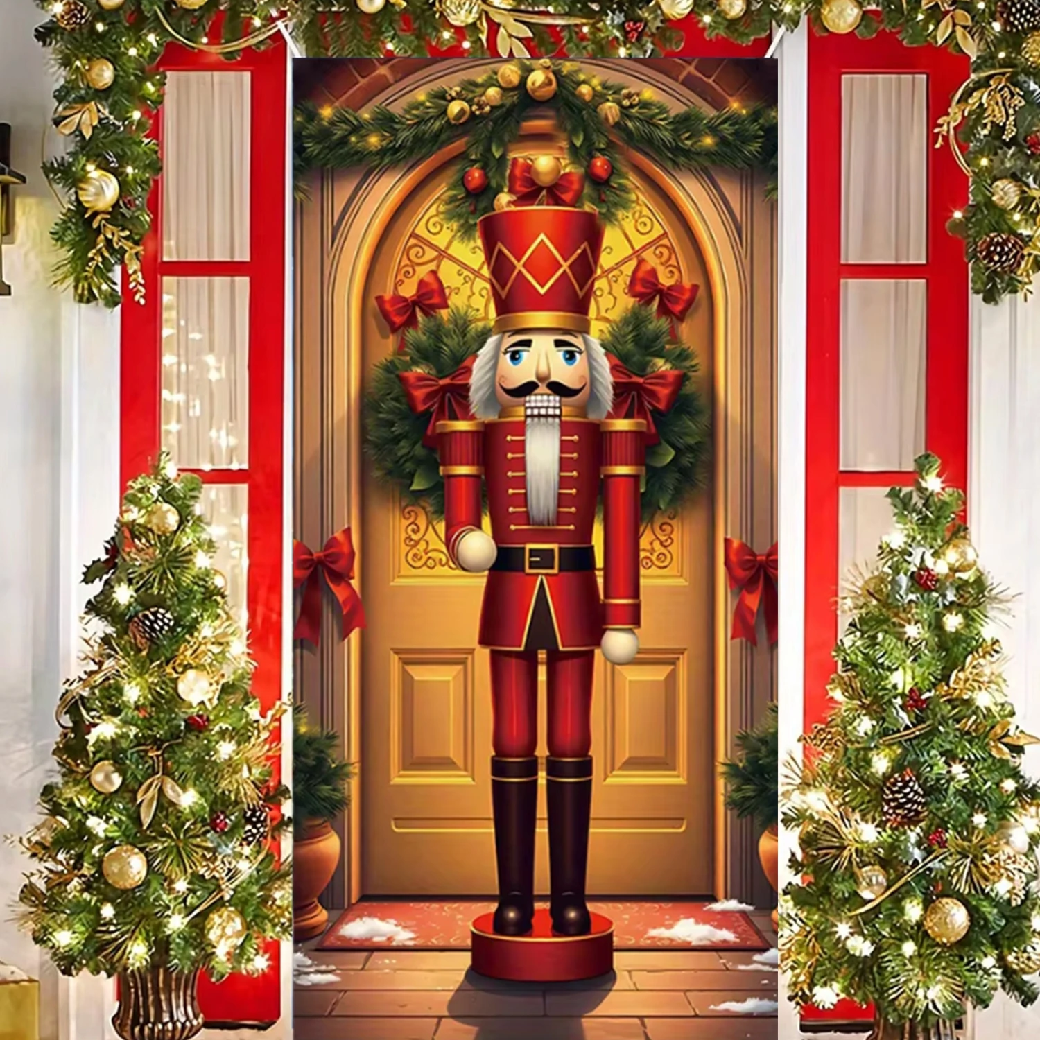 Christmas Santa Theme Nut Cracker Snowman Door Banner Ornaments Door Cover Banner Photography Background Indoor Outdoor Veranda