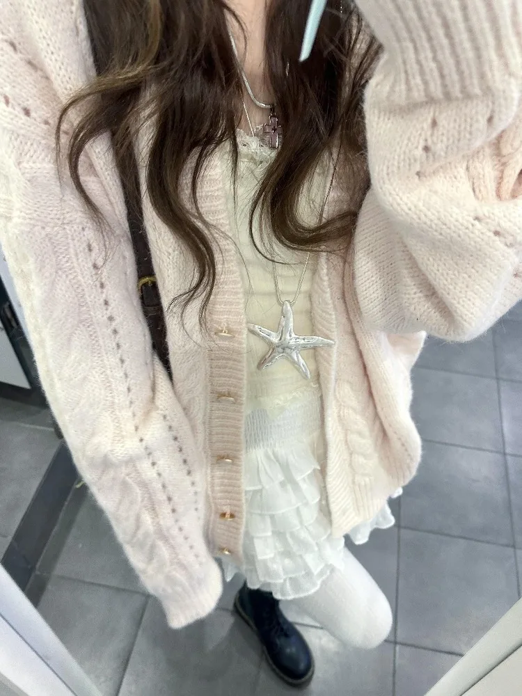 Kawaii Pink Cardigan real-life usage example in indoor cafe setting showing appropriate temperature context