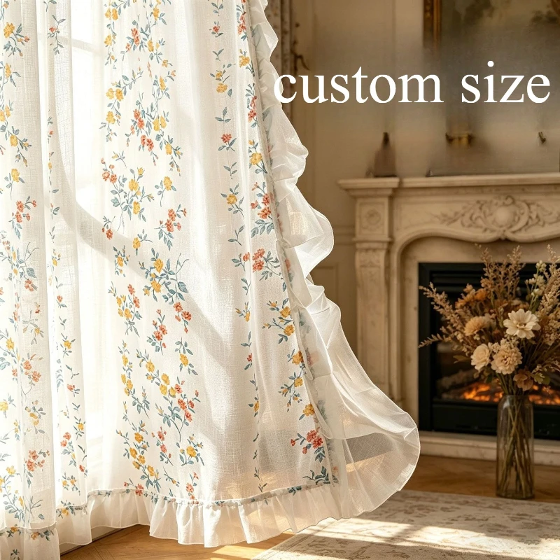 Custom Size Fresh-style Cotton-linen Blend Semi-blackout Elegant Curtain with Sun-blocking Print for Living Dining Room Bedroom