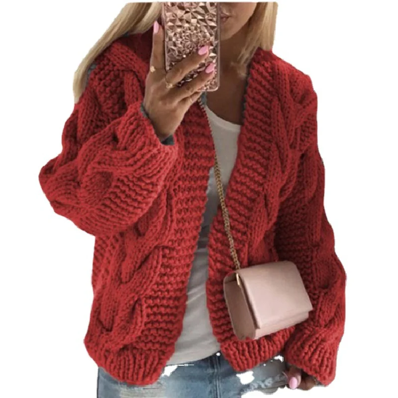 2024 New Women Twist Hat Buttonless Cardigan With Hooded Solid Color Thick Thread Casual Knitted Sweater European  American Type