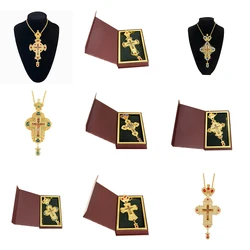 Orthodox Church Pectoral Cross Necklace for Bishop Priest with Jesus Crucifix Image Gold Plated Greek Style Prayer Religion Gift