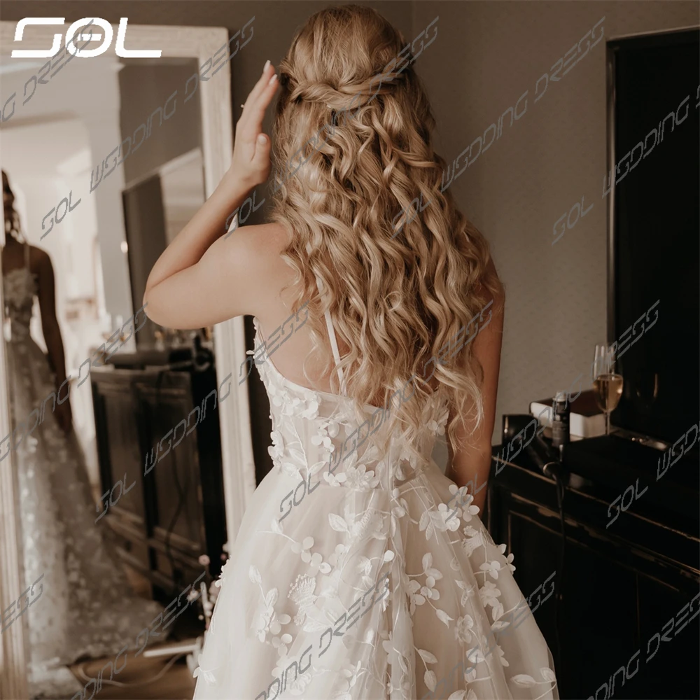 Gaun pernikahan Tulle tali Spaghetti applique renda 3D elegan SOL gaun pengantin A-Line punggung terbuka seksi Vestidos De Novia