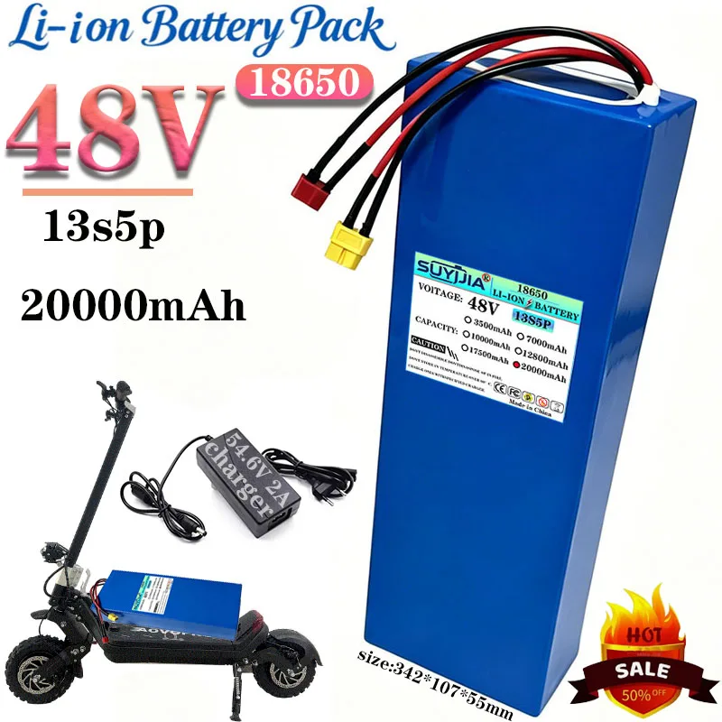High performance13S5P 48V 20000mAh lithium battery pack rechargeable for electric bicyclesandscooters battery comes with charger