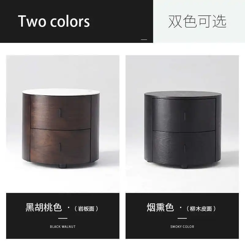 Italian Minimalist Round Bedside Table Smoked Bedroom Storage Cabinet Solid Wood Rock Slab Bedside Table Nordic 40CM Small