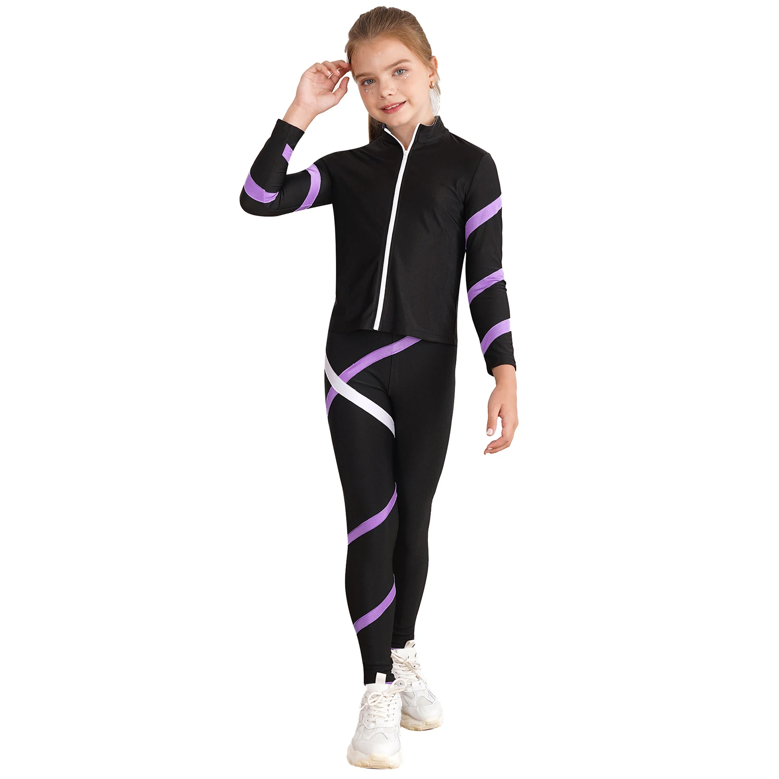 Girls Figure Skating Costume Long Sleeve Jacket with Practice Leggings Pants for Yoga Running Professional Competition Training