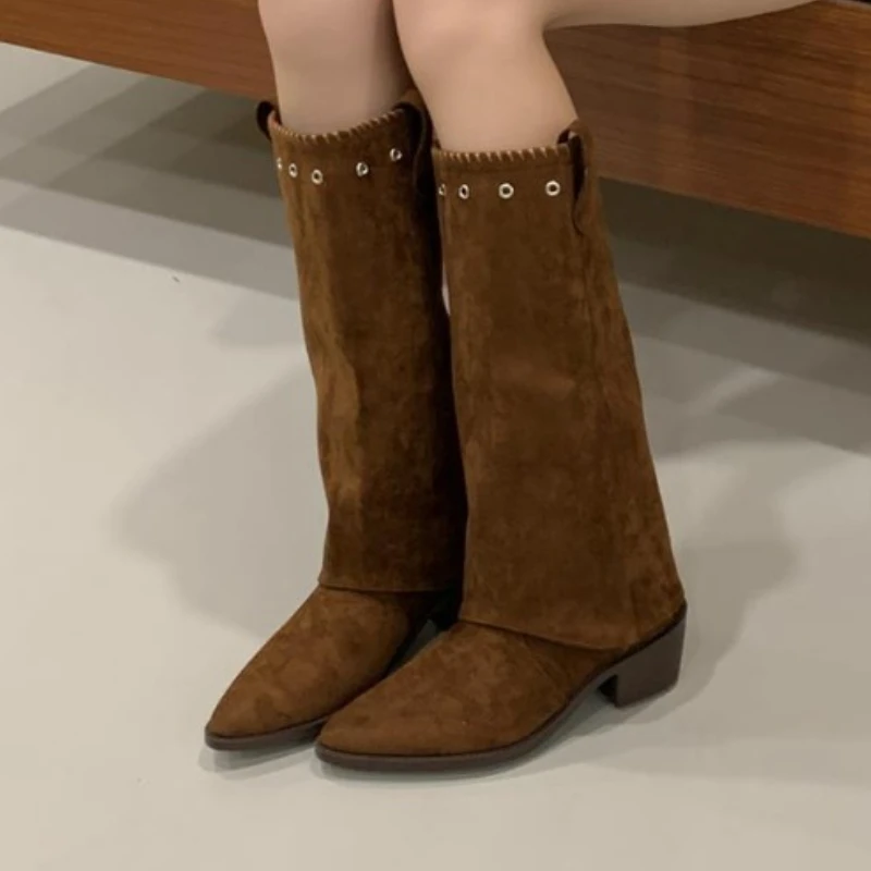 

High Boots Women High Heels Shoes Suede New Chunky Knight's Boots 2025 Elegant Winter Pointed Toe Chunky Pumps Mujer Zapatos