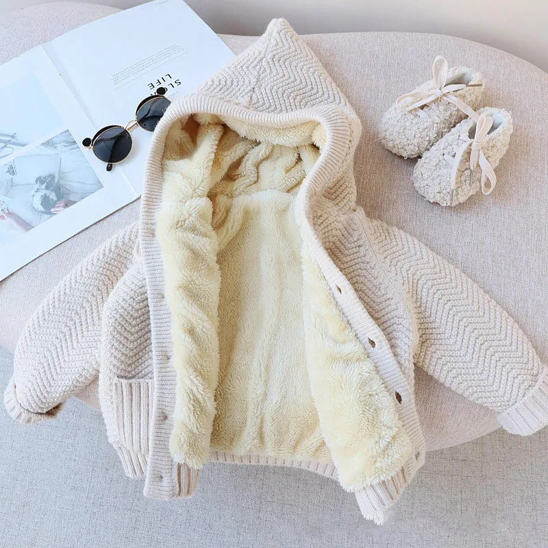 

Pockets female baby Kids cardigan 2025 new autumn and winter clothes girls thickened hooded plus fleece sweater coat