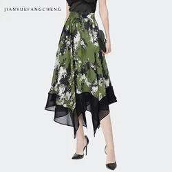 Fashion Floral Print Green Chiffon Skirt Womens Summer New High Waisted A-line Pleated Irregular Long Skirts Slim Flowing Skirts