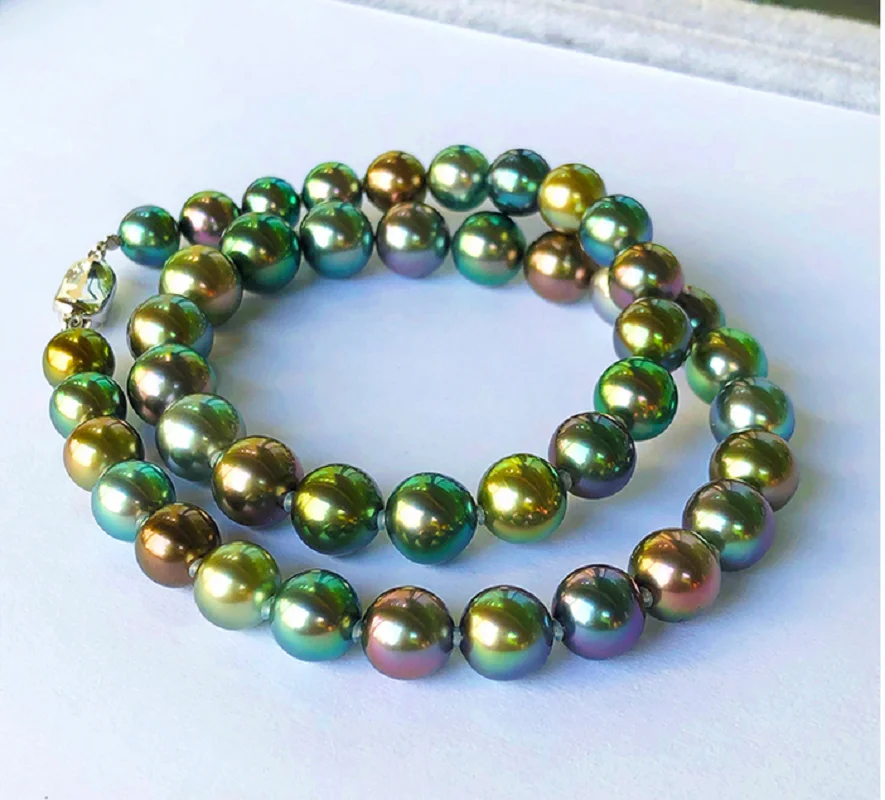 

Роскошное 17 "11-14 мм южное ожерелье из натурального зеленого павлина, разноцветное круглое жемчужное ожерелье, ювелирные изделия