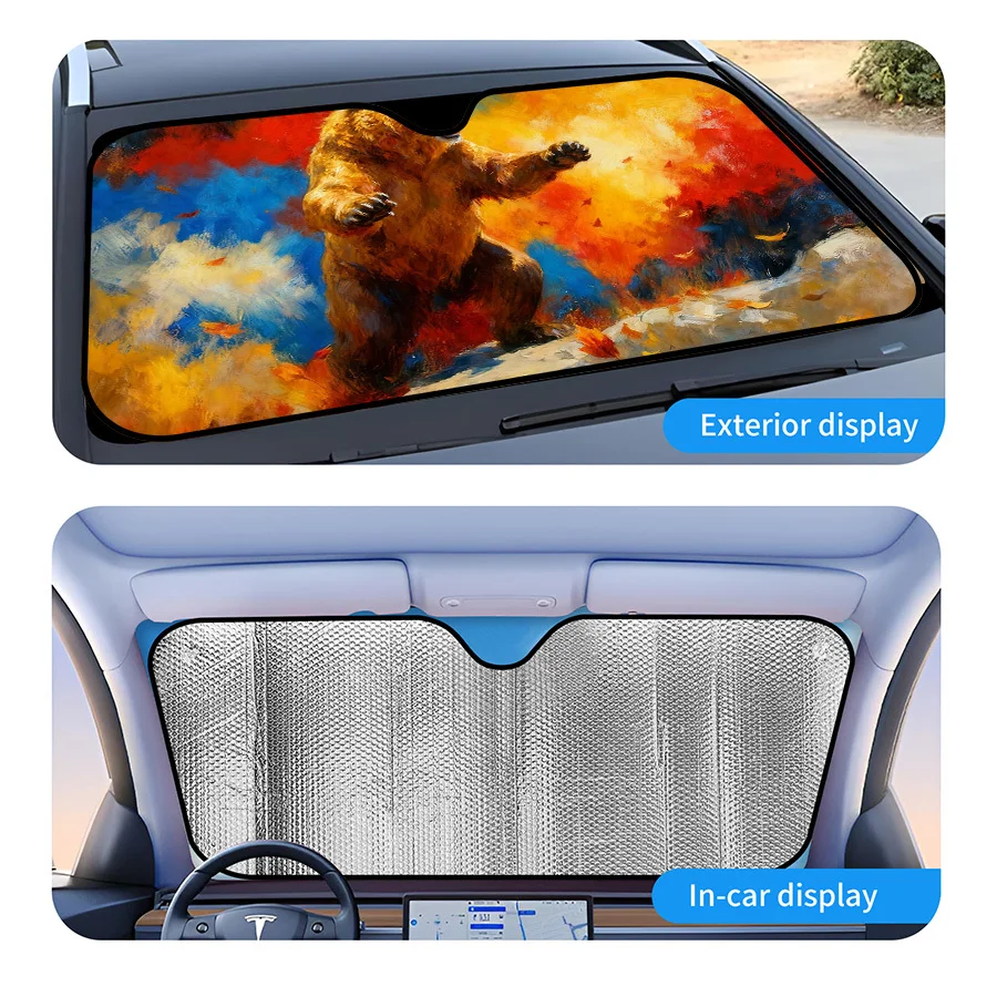 Multi-Functional Foldable Car Sunshade With 3 Sizes, Vibrant Bear And Autumn Leaves Design, UV Protection For Front Windshield,
