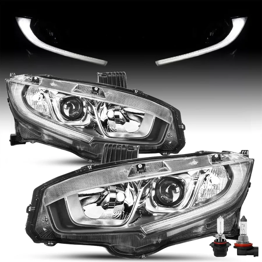 

For 20162021 Honda Civic [Halogen Type w LED DRL] OEM Projector Chrome Housing Headlight Headlamp Assembly Replacement Pair wit