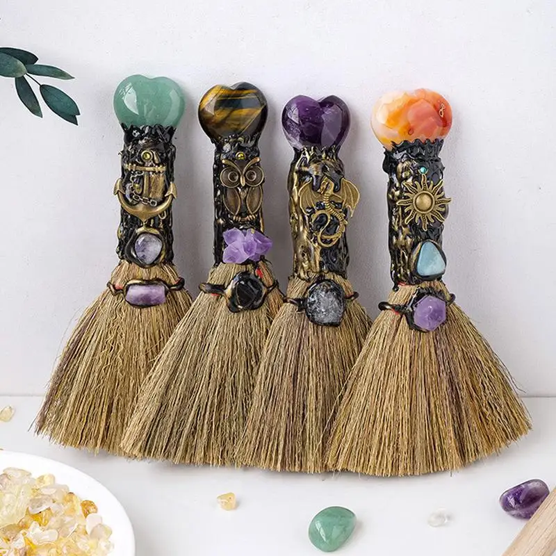 

Mini Witch Broom Witchcraft Accessories Dust Removal Broom Wicca Celti Pentagram Raw Crystal Wicca Altar Broom for home