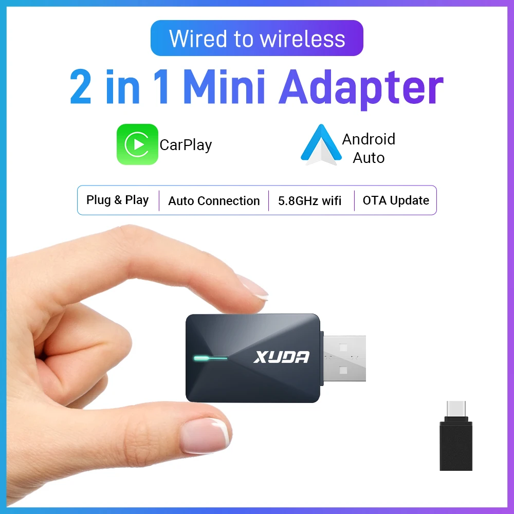 XUDA 2025 Mini Wired to Wireless 2 in 1 AI Box Carplay 5G Wif & Bluetooth 5 Android Auto Plug and Play Non-inductive Connection