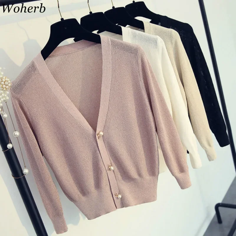 Woherb Autumn Women Cardigans 2024 Fashion Slim Ladies Knitted Sweater Korean V Neck Sueter Mujer Long Sleeve Buttons