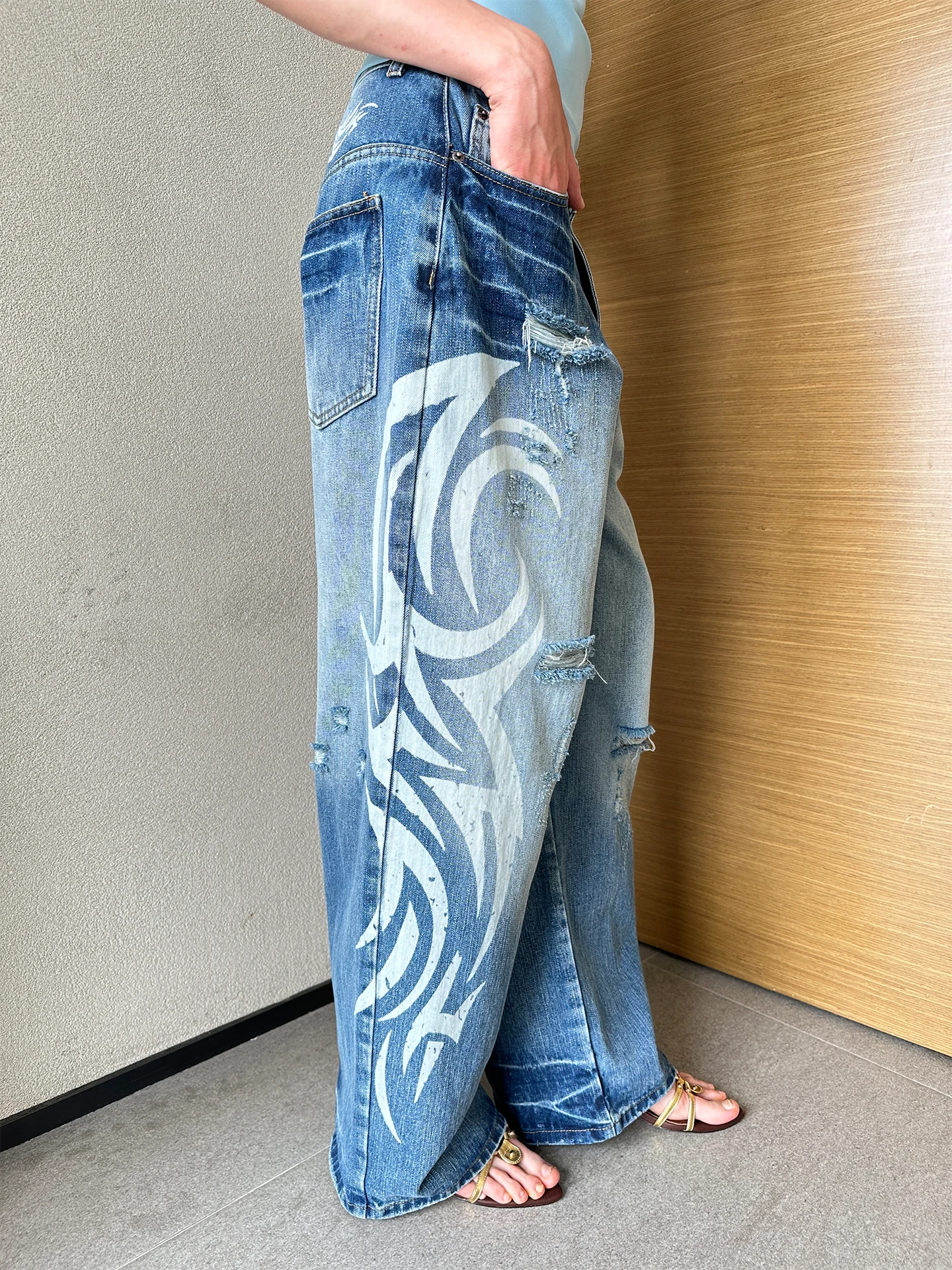 Jeans in denim larghi a gamba larga da donna Y2K Millennium Trendy Print Hole Casual Sle l Jeans in vita da donna Faion